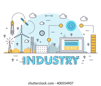 Modern industry thin block line flat icons and composition with computers element, trade mobile graphics, informations and development web strategy concept
