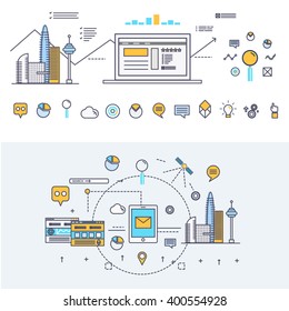 Modern industry thin block line flat icons and composition with computers element, trade mobile graphics, informations and development web strategy concept