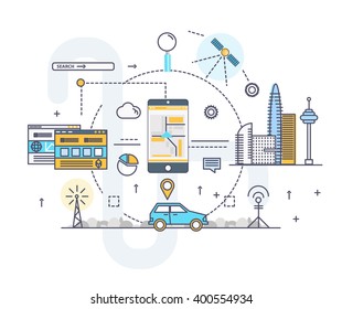 Modern industry thin block line flat icons and composition with computers element, trade mobile graphics, informations and development web strategy concept
