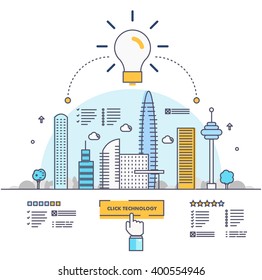 Modern industry thin block line flat icons and composition with computers element, trade mobile graphics, informations and development web strategy concept