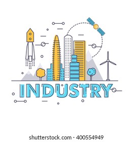 Modern industry thin block line flat icons and composition with computers element, trade mobile graphics, informations and development web strategy concept