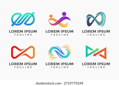 Modernes Infinity-Logo-Set mit Pfeilelementen, Farbverlauf-Endlosschleifen-Symbolen und abstrakten geometrischen Symbolen für das Unternehmenswachstum und das Erfolgs-Branding