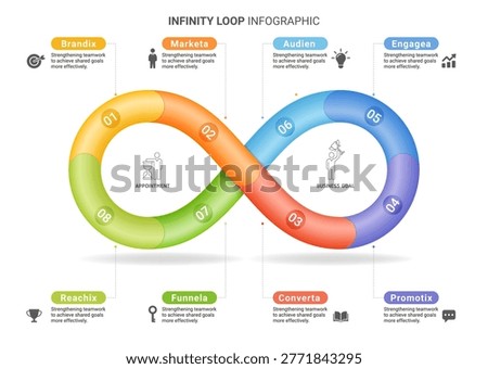 Modern Infinity Loop Infographic with 8 Step Marketing Funnel and Business Process Cycle Diagram Template Background
