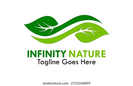 Modern infinity symbol formed by two green leaves, representing sustainable energy, endless nature, and environmental harmony.