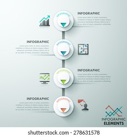 Modern info graphics process template with 4 paper circles, little arrows and icons on grey background. Vector. Can be used for web design and  workflow layout
