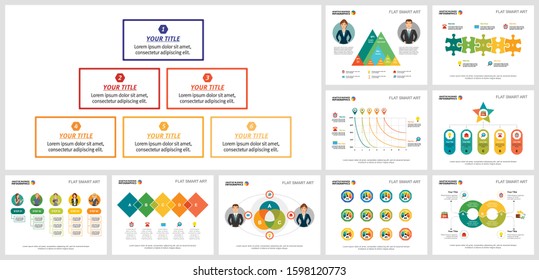 Modern infograph design set for management report layout, annual document, slide, web graphics. Business and development concept with flow diagram, bar, percentage, process, and cycle charts.