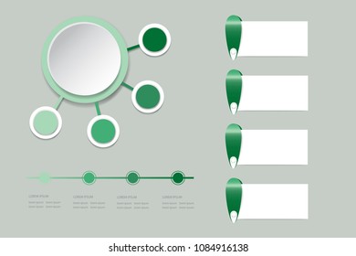 Modern infograph labels as a circle with four small circles in shadows of green color around. You can use another rectangles and timeline ready for your text.