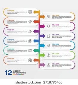 Infografía moderna con 12 pasos, proceso u opciones, diagrama de proceso, utilizado para diagrama de proceso, presentaciones, diseño de flujo de trabajo, diagrama de flujo, infografía. Vector eps10.