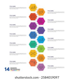 Modern infographic with 14 steps, process or options, process chart, Used for process diagram, presentations, workflow layout, flow chart, infograph. Vector eps10.