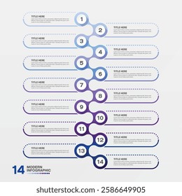 Modern infographic with 14 steps, process or options, process chart, Used for process diagram, presentations, workflow layout, flow chart, infograph. Vector eps10.