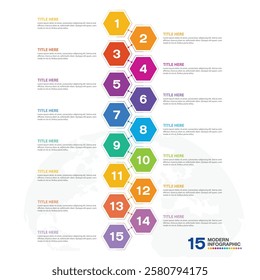 Modern infographic with 15 steps, process or options, process chart, Used for process diagram, presentations, workflow layout, flow chart, infograph. Vector eps10.