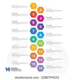 Modern infographic with 16 steps, process or options, process chart, Used for process diagram, presentations, workflow layout, flow chart, infograph. Vector eps10.