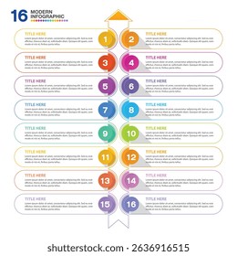 Modern infographic with 16 steps, process or options, process chart, Used for process diagram, presentations, workflow layout, flow chart, infograph. Vector eps10.