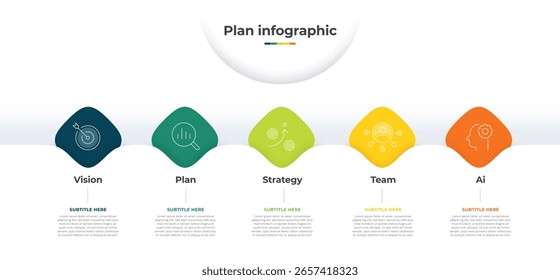 Infografía moderna 5 pasos con guía de flechas. Plantilla de Vector