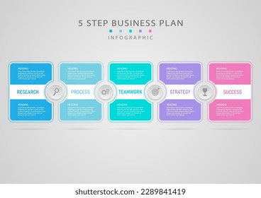 modern infographic 5 steps business plan success square and circle platel Multi color icons in center gray gradient background. Design for marketing, investment, finance, planning, product.