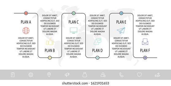 Modern infographic with 6 dots. Line step by step. Used for six diagrams, graphs, flowchart, timeline, marketing, presentation. Minimalist creative business concept