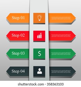 Modern infographic banner with colorful arrows and icons. Can be used for web design and workflow layout