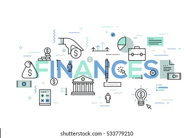 Modern infographic banner with elements in thin line style. Finances, banking, budget planning, taxation, money saving and paying debt concept. Vector illustration for header, website, presentation.