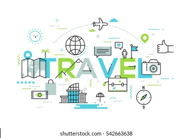 Modern infographic banner with elements in thin line style. Travel and adventure tourism industry, touristic services, navigation tools, leisure activities and budget trips. Vector illustration.