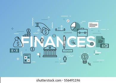 Modern infographic banner with elements in thin line style. Finances, banking, budget planning, taxation, money saving and paying debt concept. Vector illustration for header, website, presentation.