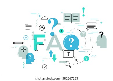 Modern Infographic banner with elements in thin line style. Frequently asked questions, user manual or guide, instructions and assistance concept. Vector illustration for presentation, header, report.
