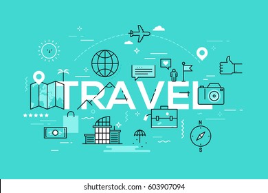 Modern infographic banner with elements in thin line style. Travel and adventure tourism industry, touristic services, navigation tools, leisure activities and budget trips. Vector illustration.