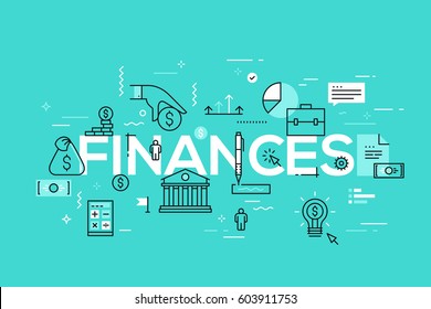 Modern infographic banner with elements in thin line style. Finances, banking, budget planning, taxation, money saving and paying debt concept. Vector illustration for header, website, presentation.