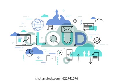 Modern infographic banner with elements in thin line style. Data storage, file download and upload, cloud computing services and technology concept. Vector illustration for presentation, website.