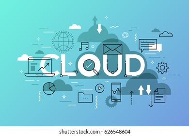 Modern infographic banner with elements in thin line style. Data storage, file download and upload, cloud computing services and technology concept. Vector illustration for presentation, website.