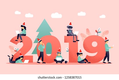 Modern infographic banner with giant 2019 number, small people, office workers, robot with laptop. business concept vector illustration for website in living coral trendy 2019 palette.