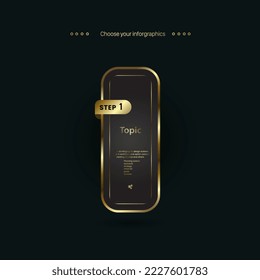 A modern Infographic box, triangle shape button on dark background of vector design, golden infographic option banner design