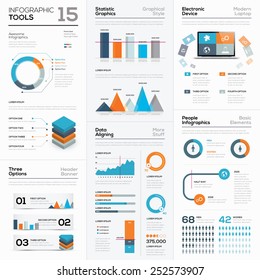 Modern infographic business elements and vector tools. Big collection of modern infographic vector elements for web, print, magazine, flyer, brochure, media, marketing and advertising concepts.
