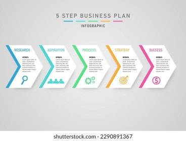 Modern Infographic Business planning steps to grow white arrow shapes and multi colored stripes bright beautiful letters with icons. gray gradient background