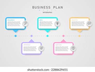 Modern infographic business planning for success Multi colored squares, buttons and icons centered gray dotted lines with colored circles. gray gradient background design for marketing, finance.