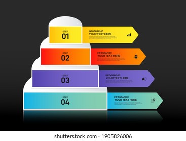 Moderna plantilla de negocios de infografía y visualización de datos con 4 pasos. El elemento de diseño puede utilizarse para flujos de trabajo, diseño de información, comunicación, gráfico estadístico, ilustración vectorial