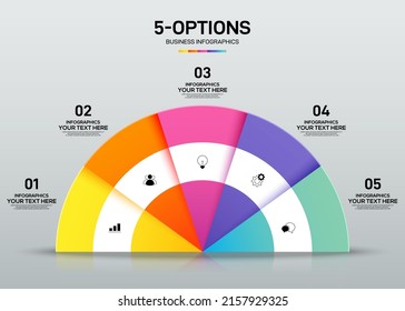 Modern infographic business template and data visualization with 5 options. Design element can be used for workflow, information design, communication, statistical graphic, vector illustration