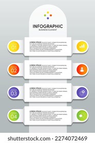 Moderna plantilla de negocios de infografía y visualización de datos con 4 opciones. El elemento de diseño puede utilizarse para flujos de trabajo, diseño de información, comunicación, gráfico estadístico, ilustración vectorial