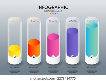 Modern infographic business template and data visualization with 5 options. Design element can be used for workflow, information design, communication, statistical graphic, vector illustration