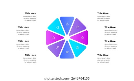 Modern infographic chart featuring a circle divided into 8 sections with icons and text. Perfect for professional data presentation, creative design projects, and information visualization purposes