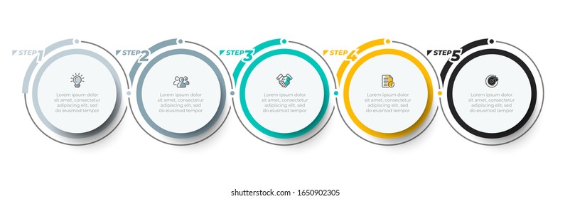 Diseño moderno de etiquetas de círculo Infographic con iconos de marketing. Línea de tiempo con 5 opciones, pasos o procesos. Ilustración vectorial.