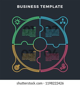 Modern infographic  with circle made of 4 puzzle elements. Vector. Can be used for web design and workflow layout