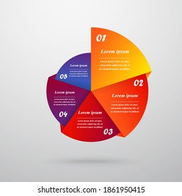 Plantilla moderna de círculo infográfico con 5 pasos, partes, opciones, sectores, etapas. Se puede utilizar para gráficos circulares, diseño de flujo de trabajo, diagrama de ciclo, folleto, informe, presentación creativa, diseño web.