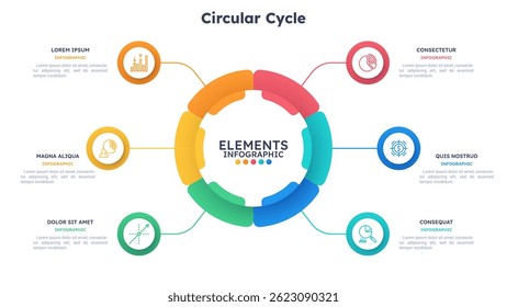 Modern infographic circular cycle template with 6 steps. Data visualization for business process and workflow presentation. Elements concept, data analysis graphic. Vector illustration