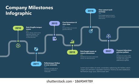 Infografía moderna para la línea de tiempo de hitos de la empresa - versión oscura. Fácil de usar para su sitio web o presentación.	