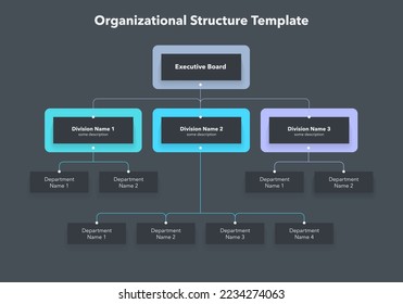 Modern infographic for company organizational structure -dark version. Simple flat template for data visualization.	