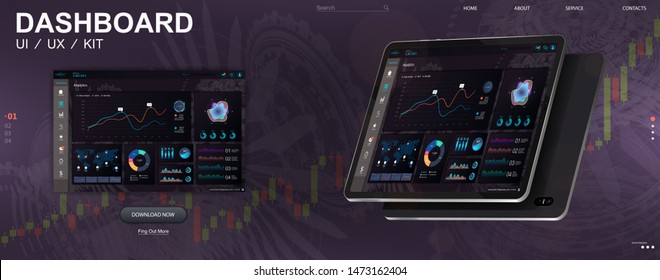 Modern Infographic Dashboard With Web App UI With Graphs Round Bars And Charts. Vector Admin Creative Workflow Panel Design, Processing And Analysis Of Data. Infographic Dashboard Vector Mockup