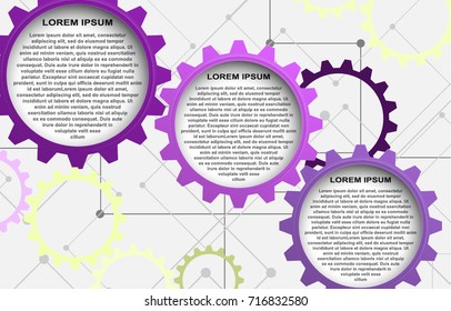 Modern infographic design 3 purple wheels. Company presentation slide template. Modern vector info graphic. Layout design. High quality vector illustration. Purple style.