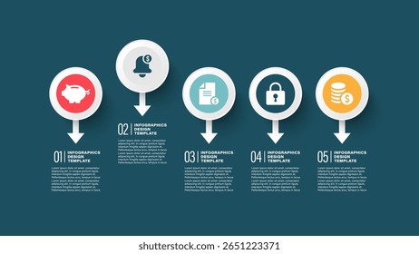 Diseño infográfico moderno con 5 pasos o procesos. Maqueta de infografía de negocios y marketing con iconos