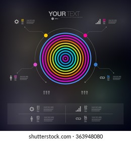 Modern infographic design with colorful circles and numbered points and sample text can be used for workflow layout, chart, number options, presentation, web design. 