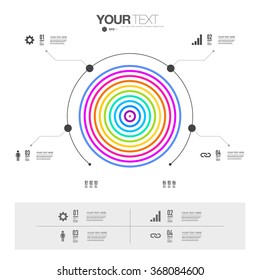 Modern infographic design with colorful circles and numbered points and sample text can be used for workflow layout, chart, number options, presentation, web design. Eps 10 stock vector illustration 